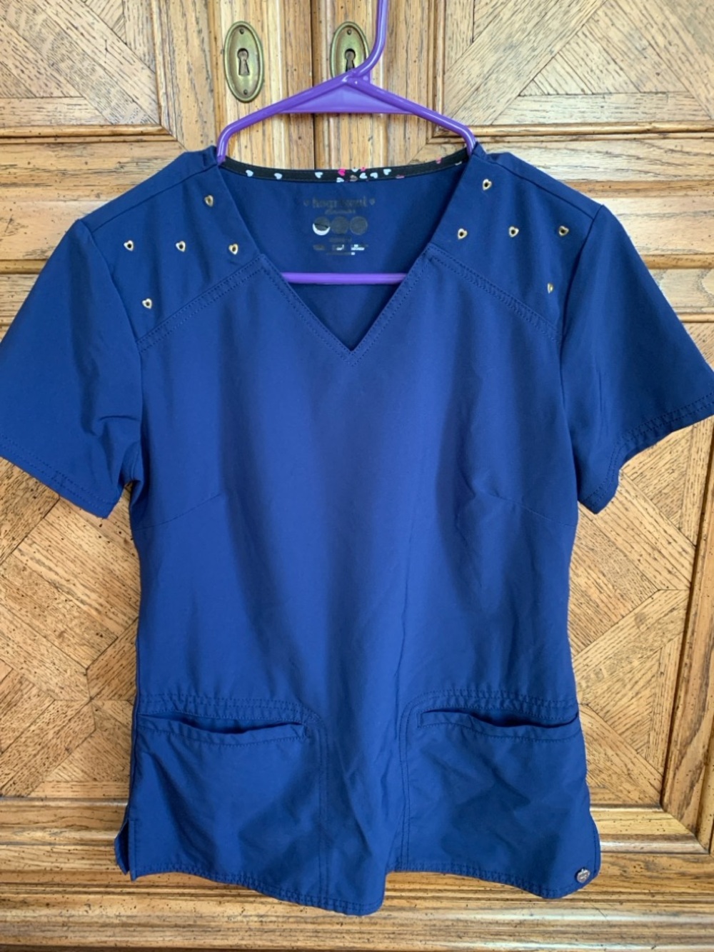 HeartSoul Navy V‑Neck Scrub Top with Gold Stud Accents